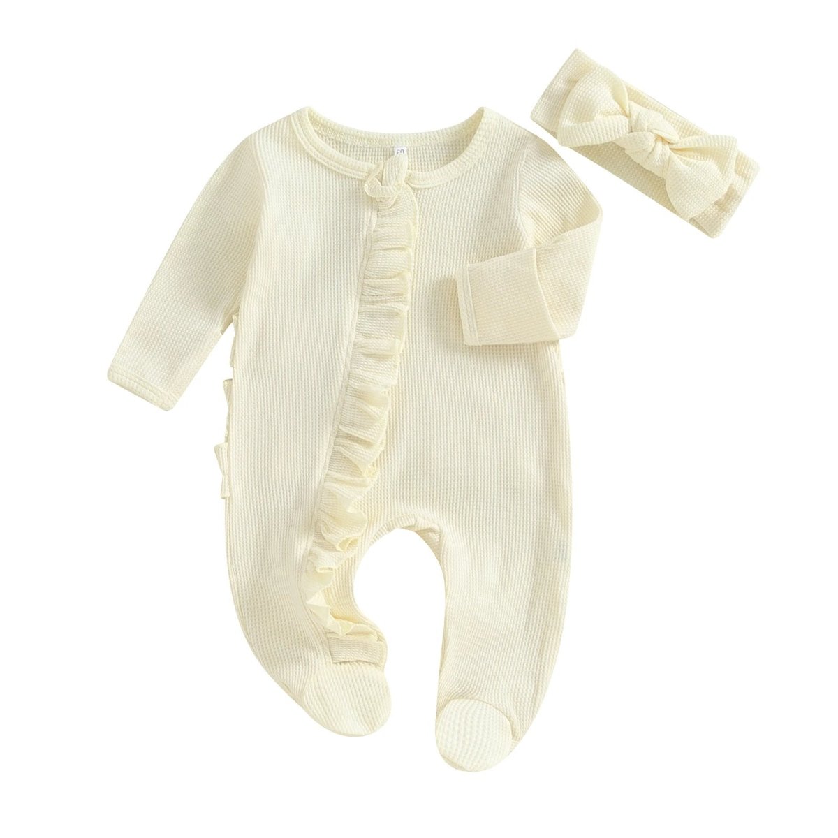 Beiger Jumpsuit aus Bio - Baumwolle mit Rüschen und passendem Stirnband für Kinder - Mayfair ModaBeige0 - 3 Monate