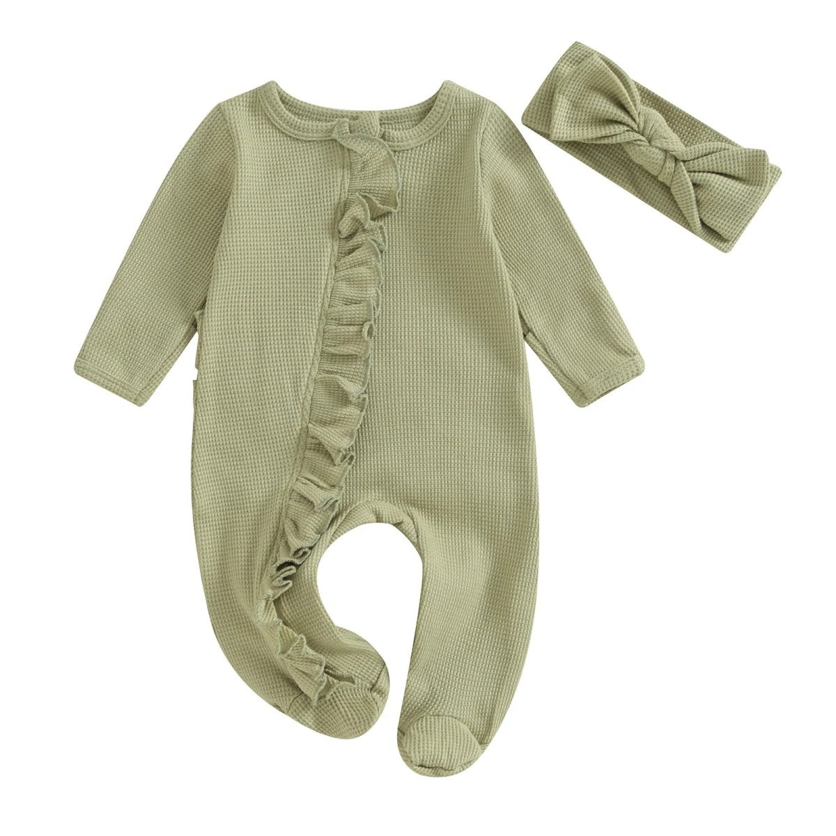 Beiger Jumpsuit aus Bio - Baumwolle mit Rüschen und passendem Stirnband für Kinder - Mayfair ModaGrün0 - 3 Monate
