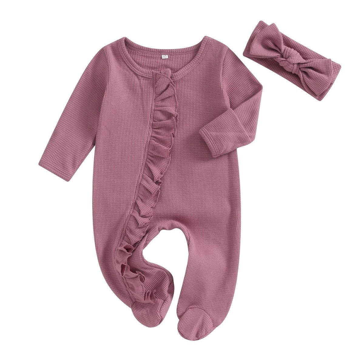 Beiger Jumpsuit aus Bio - Baumwolle mit Rüschen und passendem Stirnband für Kinder - Mayfair ModaLila0 - 3 Monate