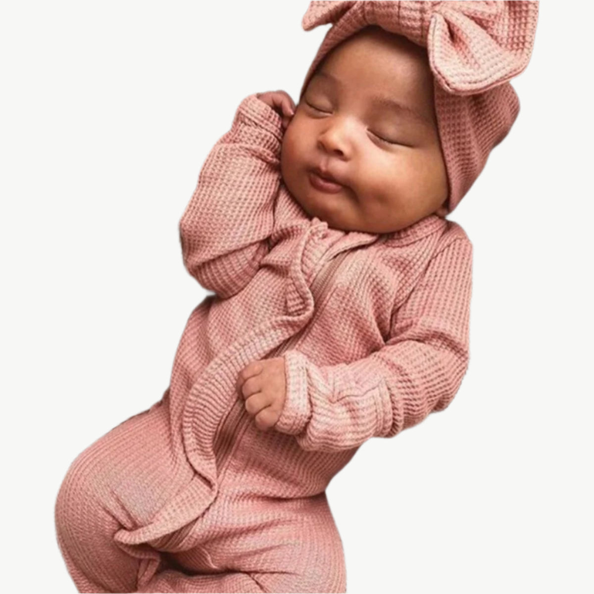 Beiger Jumpsuit aus Bio - Baumwolle mit Rüschen und passendem Stirnband für Kinder - Mayfair ModaLila0 - 3 Monate