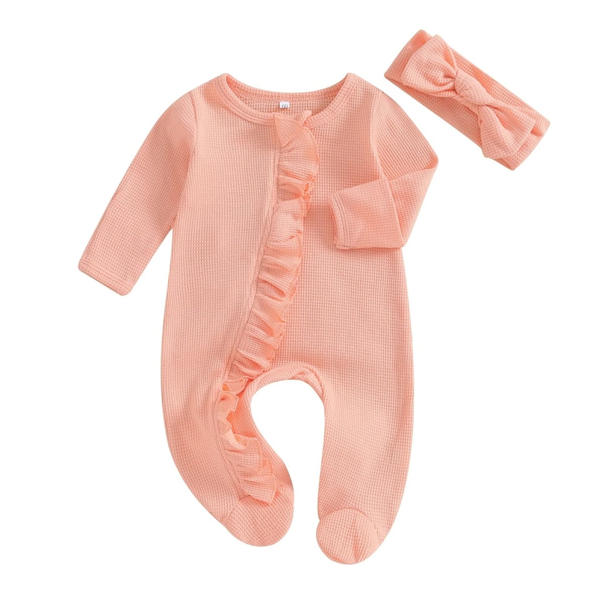 Beiger Jumpsuit aus Bio - Baumwolle mit Rüschen und passendem Stirnband für Kinder - Mayfair ModaOrange0 - 3 Monate