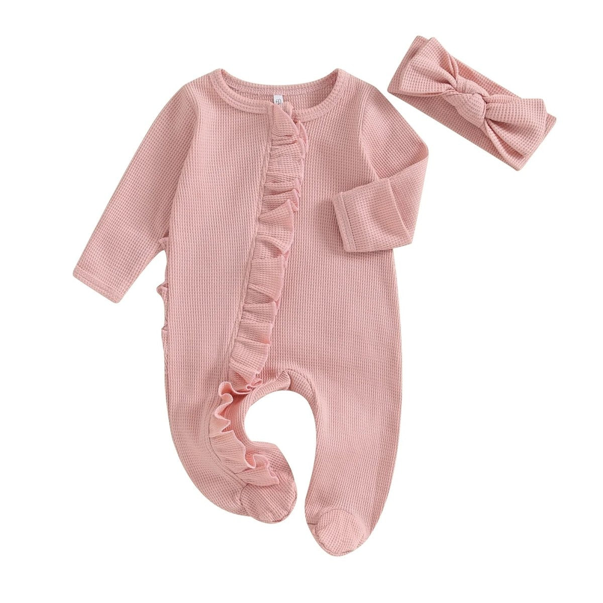 Beiger Jumpsuit aus Bio - Baumwolle mit Rüschen und passendem Stirnband für Kinder - Mayfair ModaRosa0 - 3 Monate