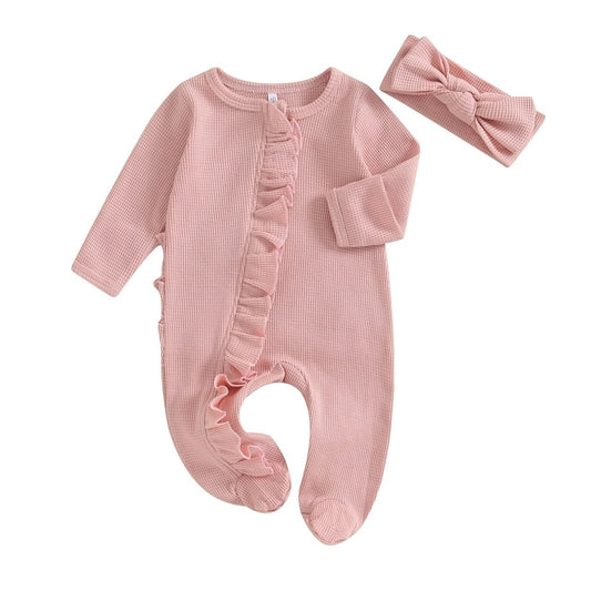 Beiger Jumpsuit aus Bio - Baumwolle mit Rüschen und passendem Stirnband für Kinder - Mayfair ModaRosa0 - 3 Monate