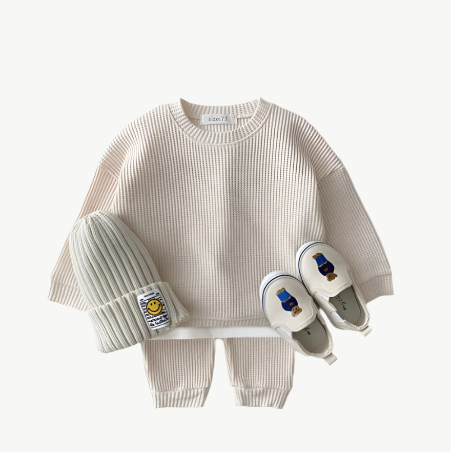 Bio - Baumwoll Waffel Jogger Set für Kinder – Atmungsaktiv & Hypoallergen - Mayfair ModaBeige9 - 12M