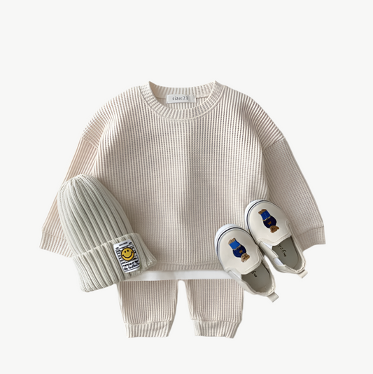 Bio - Baumwoll Waffel Jogger Set für Kinder – Atmungsaktiv & Hypoallergen - Mayfair ModaBeige9 - 12M
