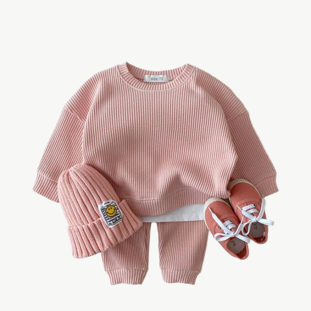 Bio - Baumwoll Waffel Jogger Set für Kinder – Atmungsaktiv & Hypoallergen - Mayfair ModaBeige9 - 12M