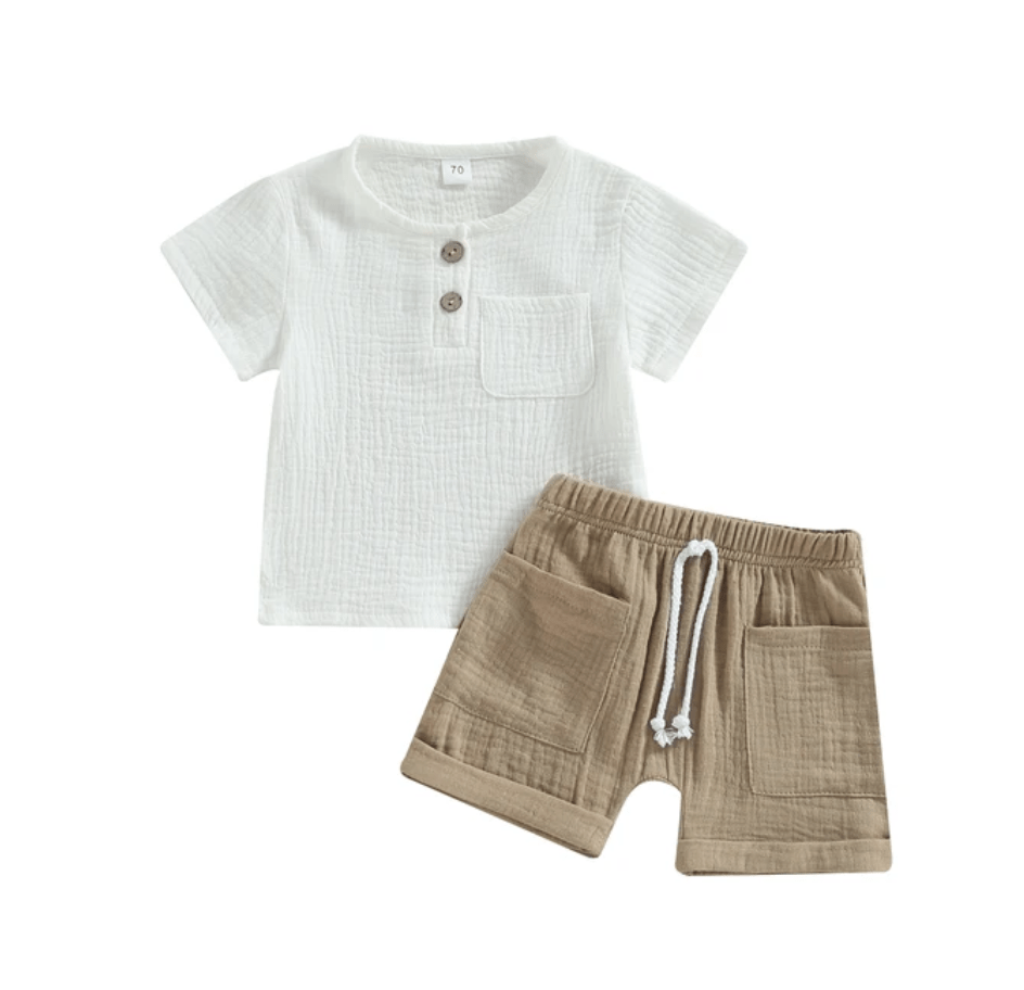 Jungen Musselin Shorts und Hemd Set aus Bio - Baumwolle, atmungsaktiv & hypoallergen für warme Tage - Mayfair ModaBraun0 - 6M