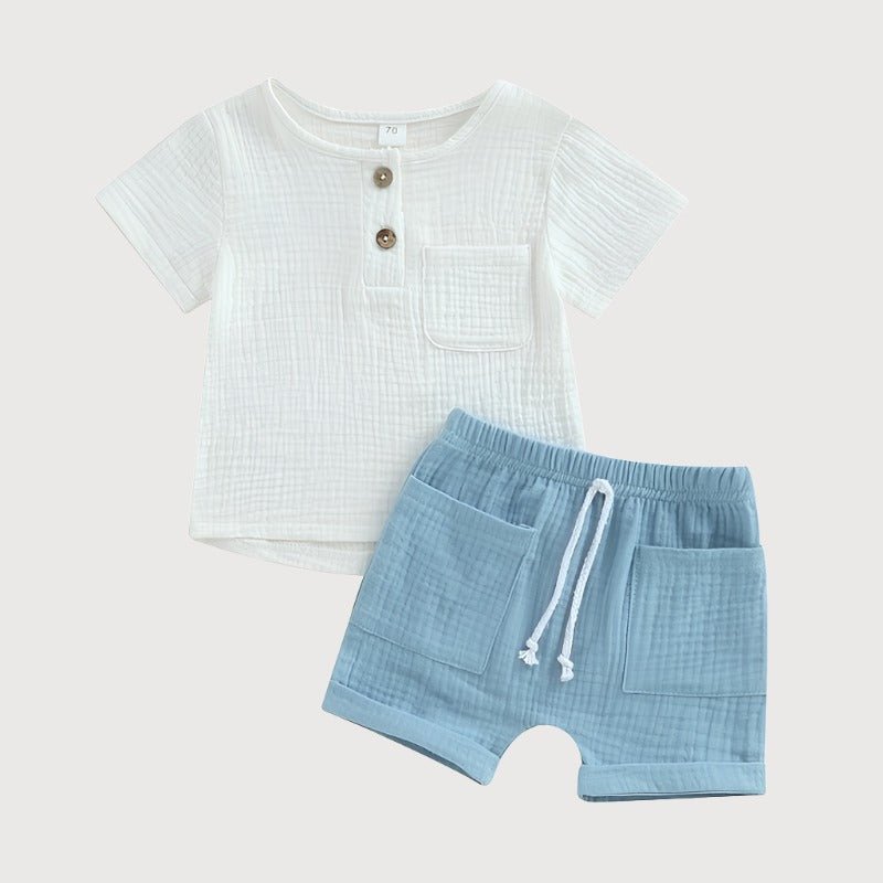 Jungen Musselin Shorts und Hemd Set aus Bio - Baumwolle, atmungsaktiv & hypoallergen für warme Tage - Mayfair ModaWeiß0 - 6M