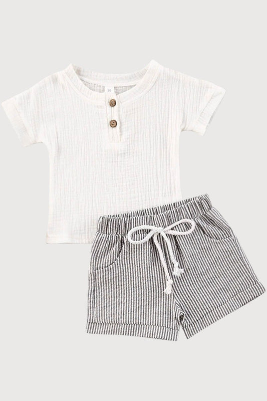 Jungen Musselin Shorts und Hemd Set aus Bio - Baumwolle, atmungsaktiv & hypoallergen für warme Tage - Mayfair ModaWeiß0 - 6M